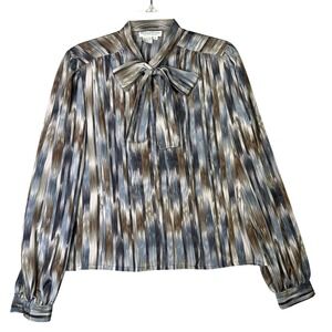 Richard Evans Vintage Pussybow Blouse Abstract Ikat Print Secretary Size 8 Blue